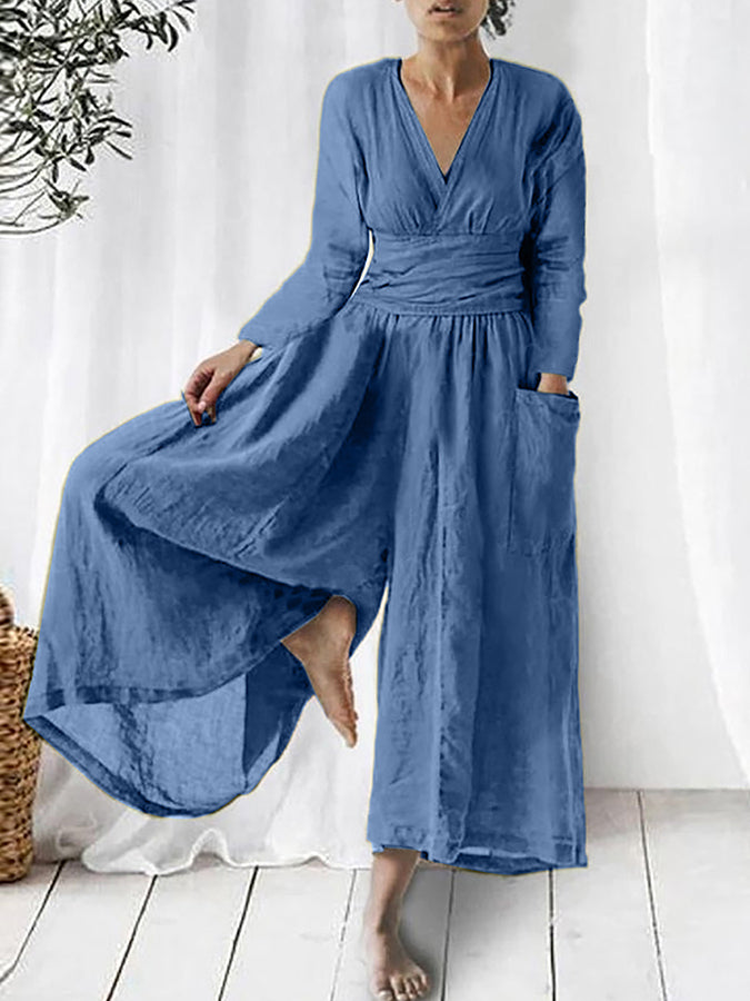 Long Sleeves V Neck Wide -leg Pants Jumpsuits