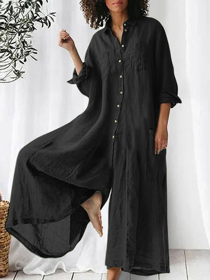 Long Sleeves Wide-leg Pants Shirt Collar Jumpsuit