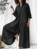 Long Sleeves Wide-leg Pants Shirt Collar Jumpsuit