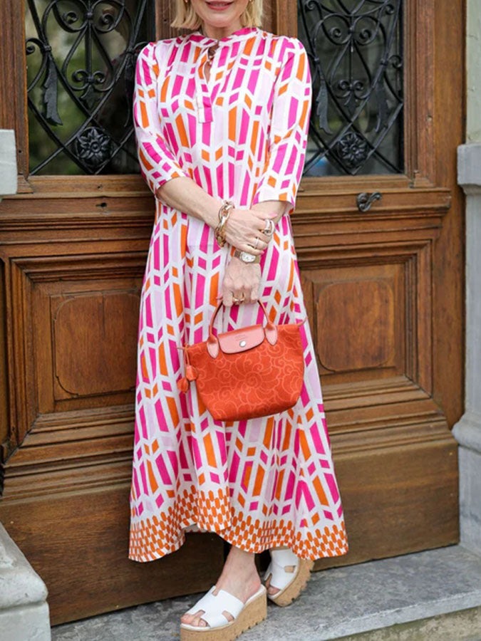 3/4 Sleeves Round Neck Geometric Printed Maxi Dress