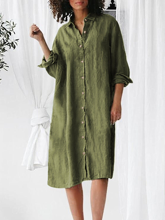 Long Sleeves Buttoned Cotton-linen Midi Dress