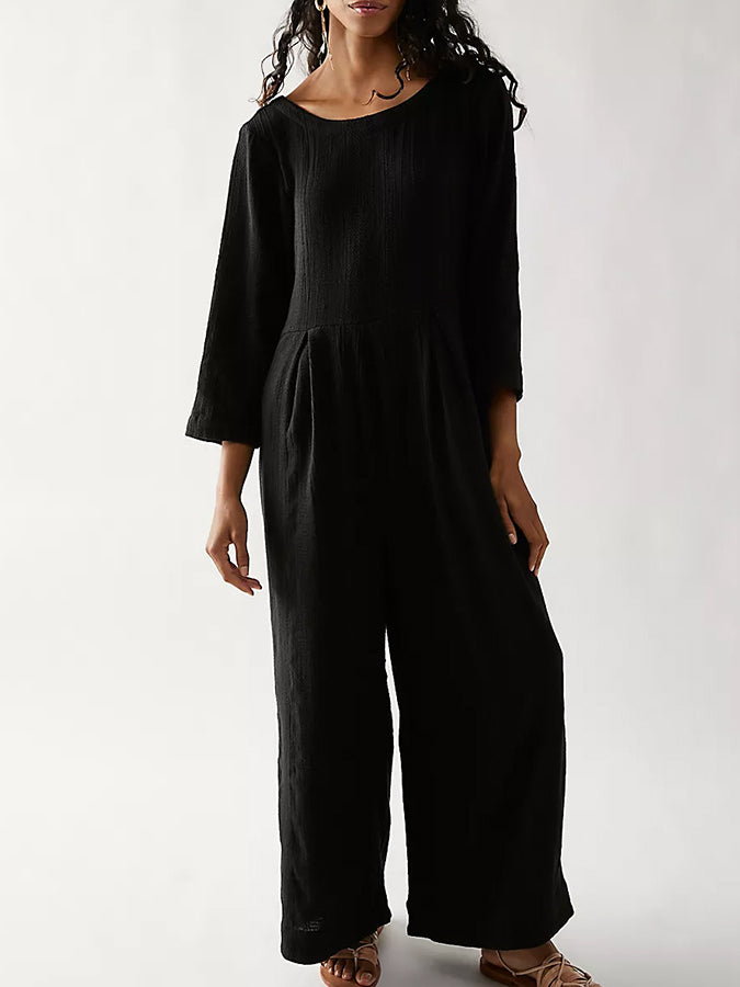 Long Sleeves Pockets Wide-leg Pants Jumpsuits