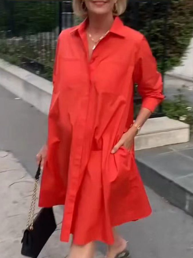 Long Sleeves Shirt Collar Simple Midi Dress