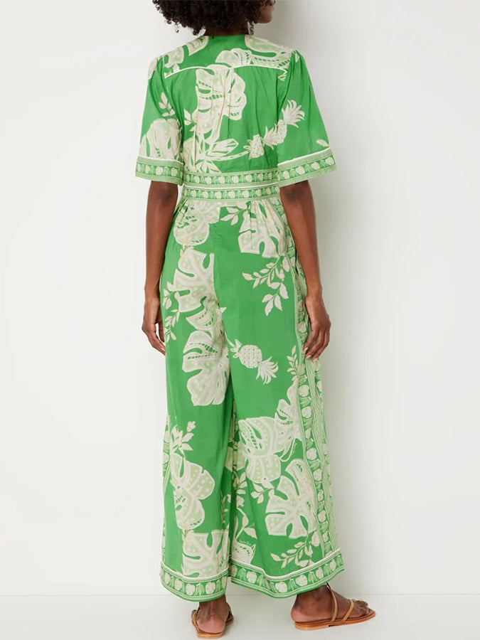 Printed V Neck Short Sleeves Jumpsuit