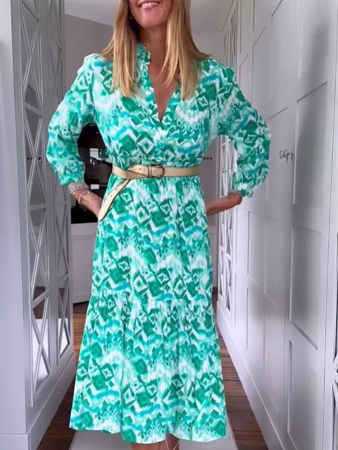 Long Sleeves Shirt Collar Midi Dress
