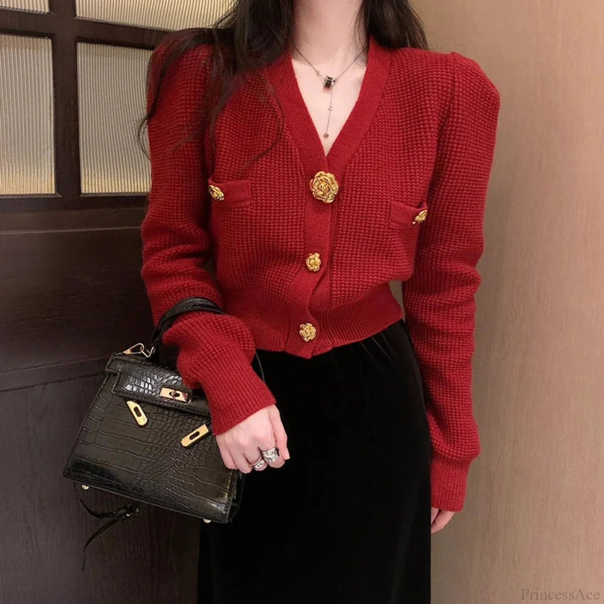 V-neck Long Sleeved Cardigan Jacket Warm Black Red Christmas Sweater