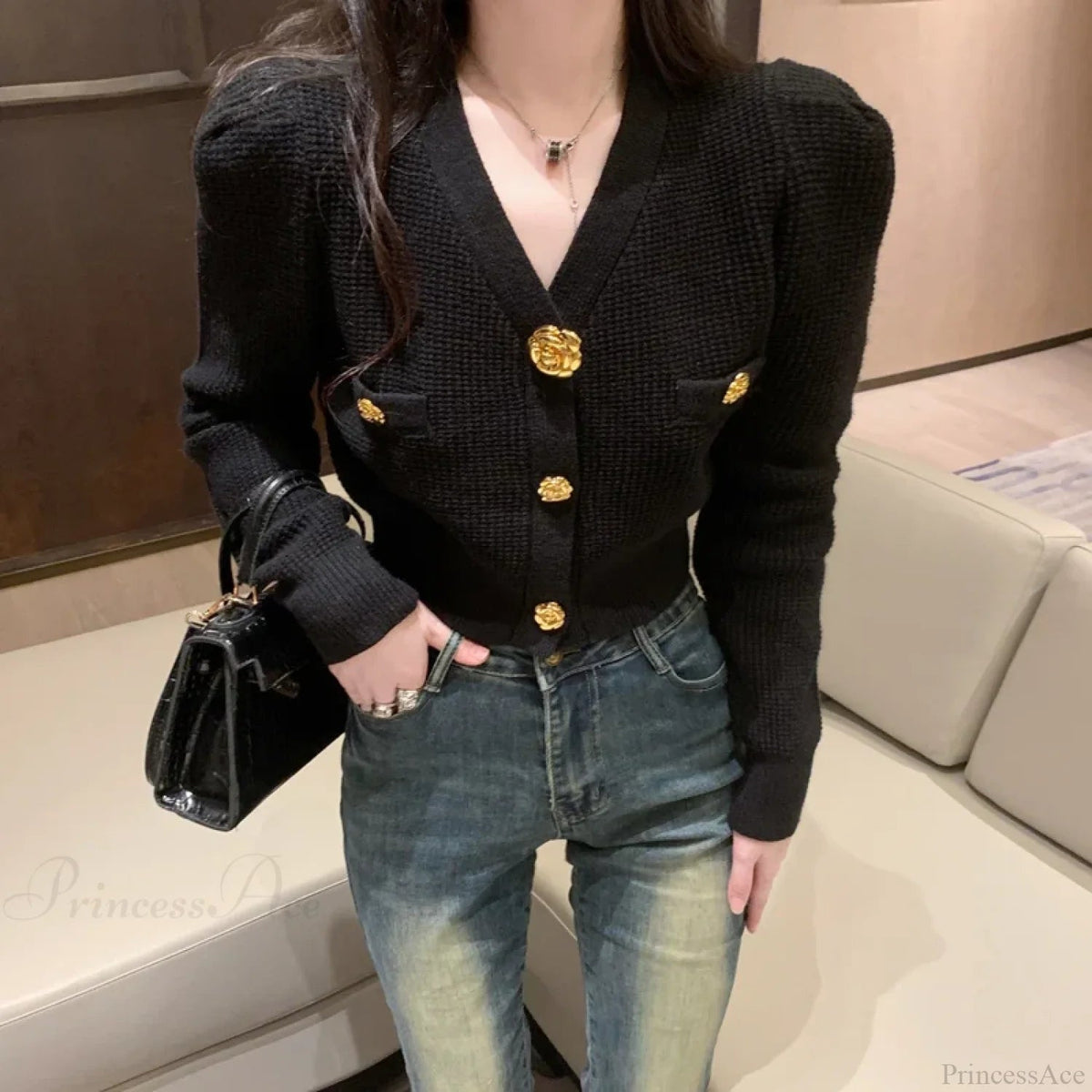 V-neck Long Sleeved Cardigan Jacket Warm Black Red Christmas Sweater