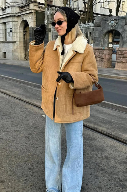 Suede Sherpa-lined Wide Lapel Coat