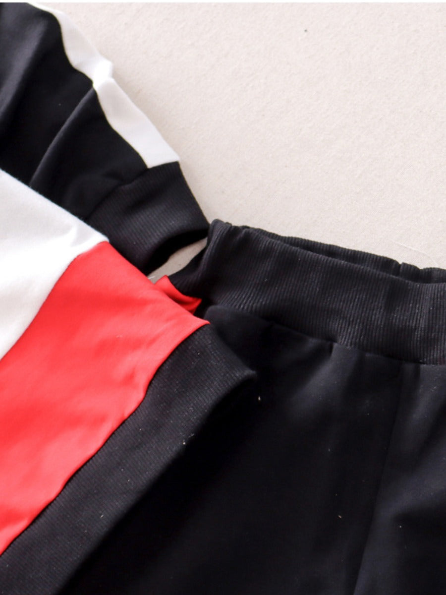 Boy Hooded Collar Striped Patchwork Pants Set Bo2162