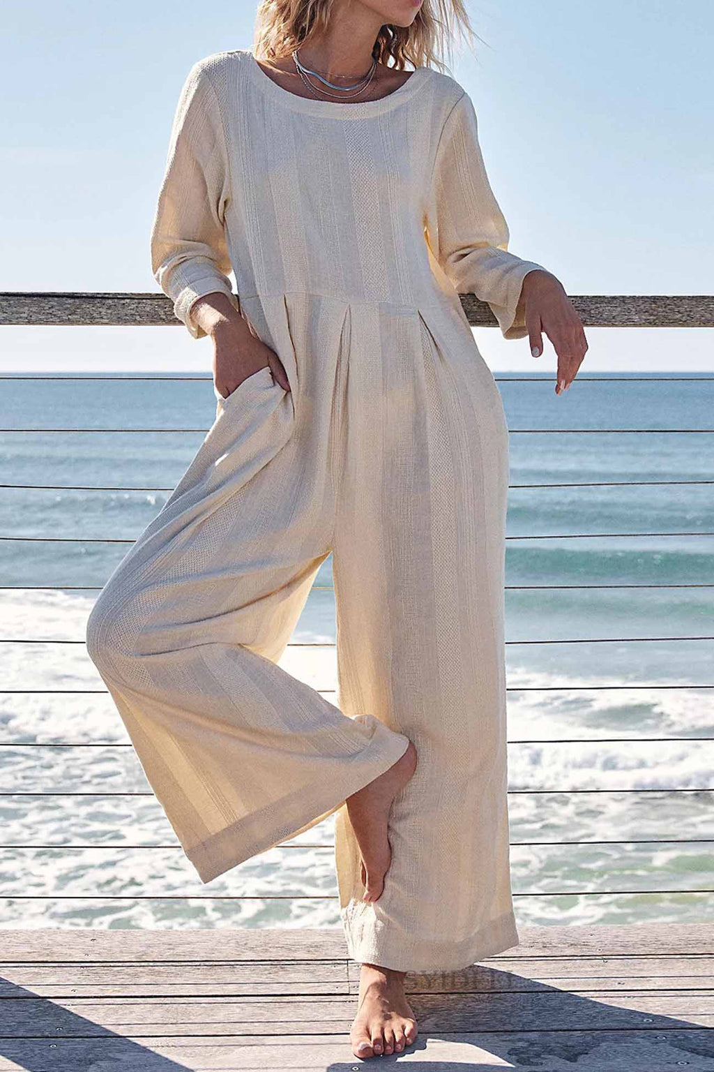 Crew Neck Long Sleeve Jumpsuits