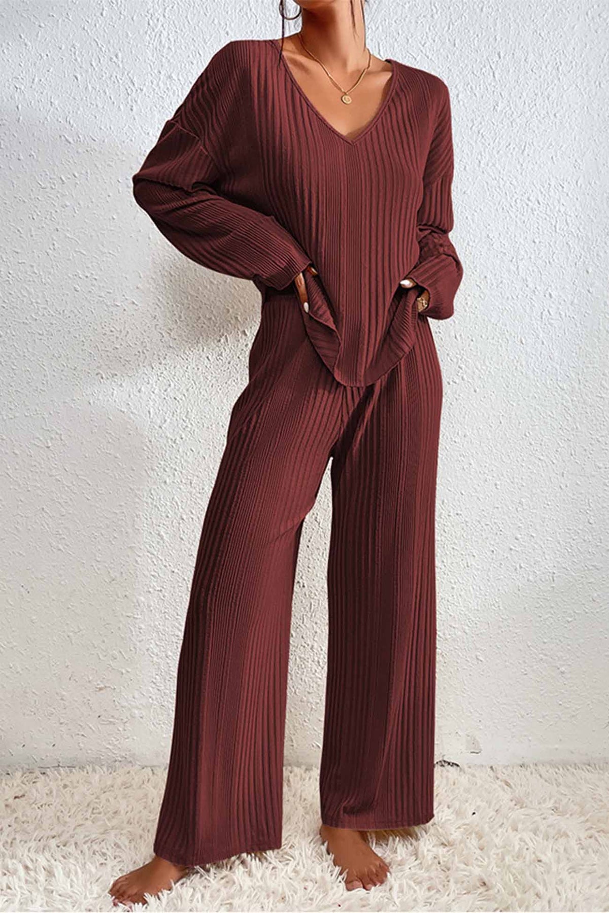 V Neck Ribbed Long Sleeve Two-piece Set
