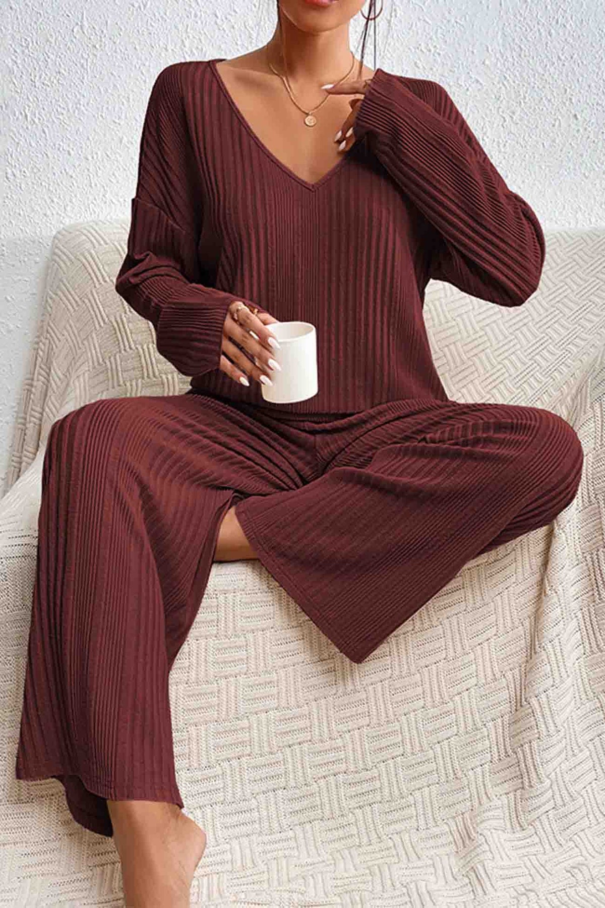 V Neck Ribbed Long Sleeve Two-piece Set