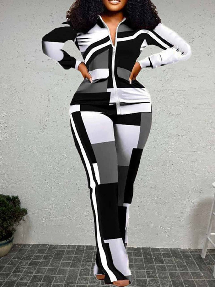 Geometric Print Striped Flared Pants Set At9055