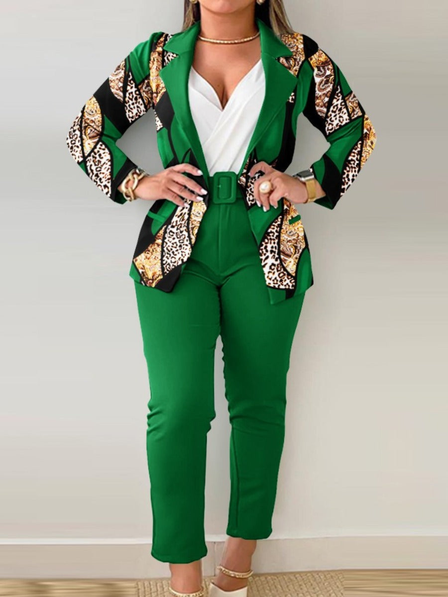 Letter Print Belt Design Blazer Pants Set Bo3021
