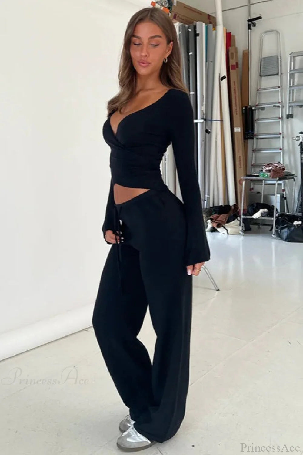 Y2k V-neck Fitted Top Pants Two Piece Set