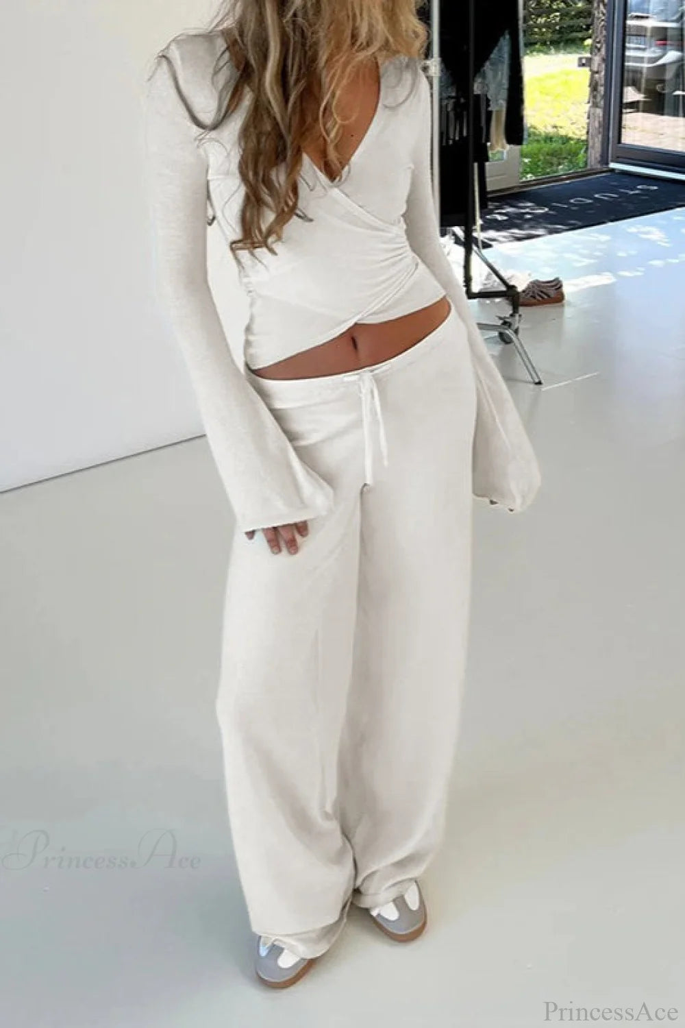 Y2k V-neck Fitted Top Pants Two Piece Set