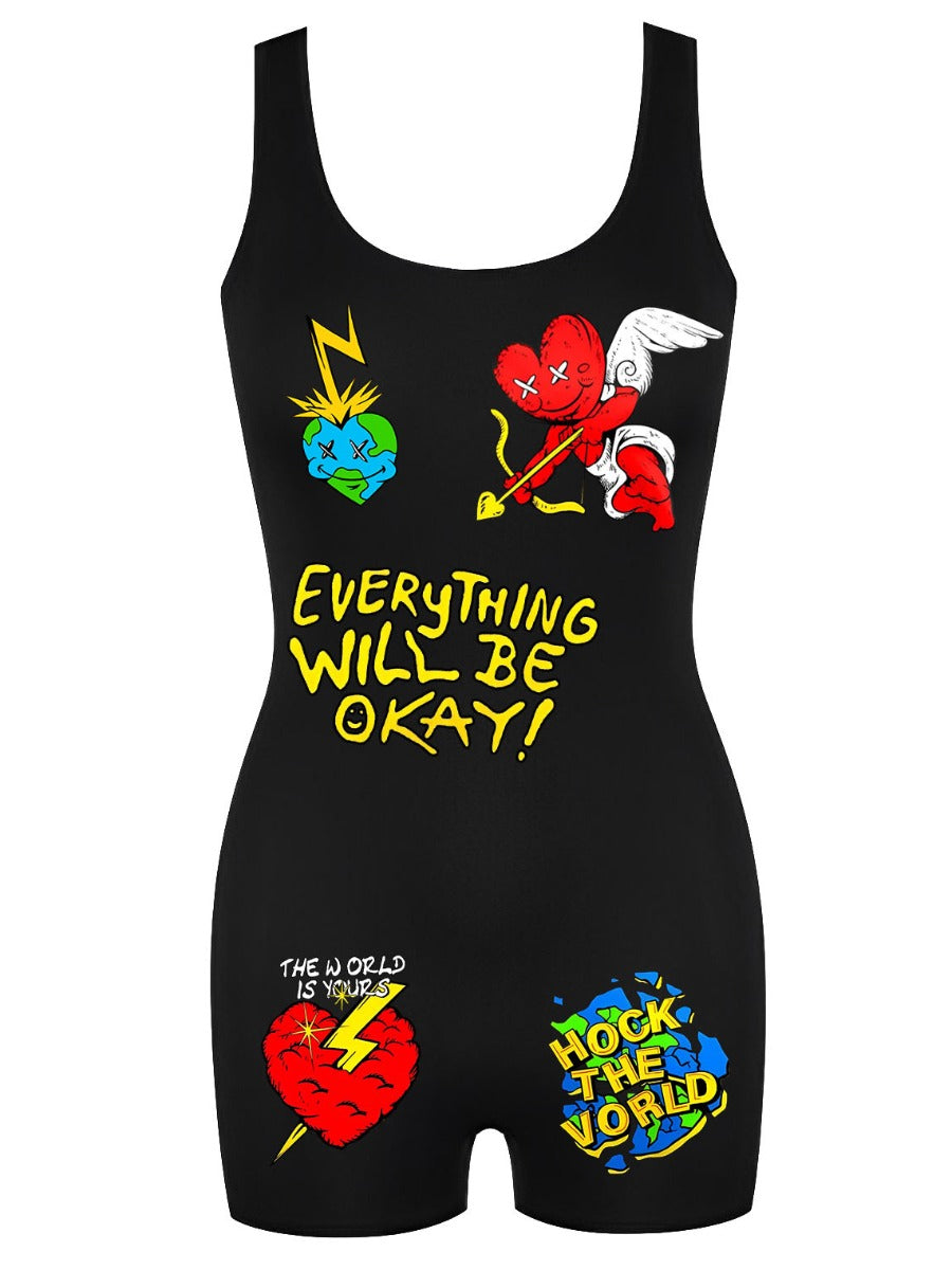 Cartoon Letter Print Cami Romper Ar502