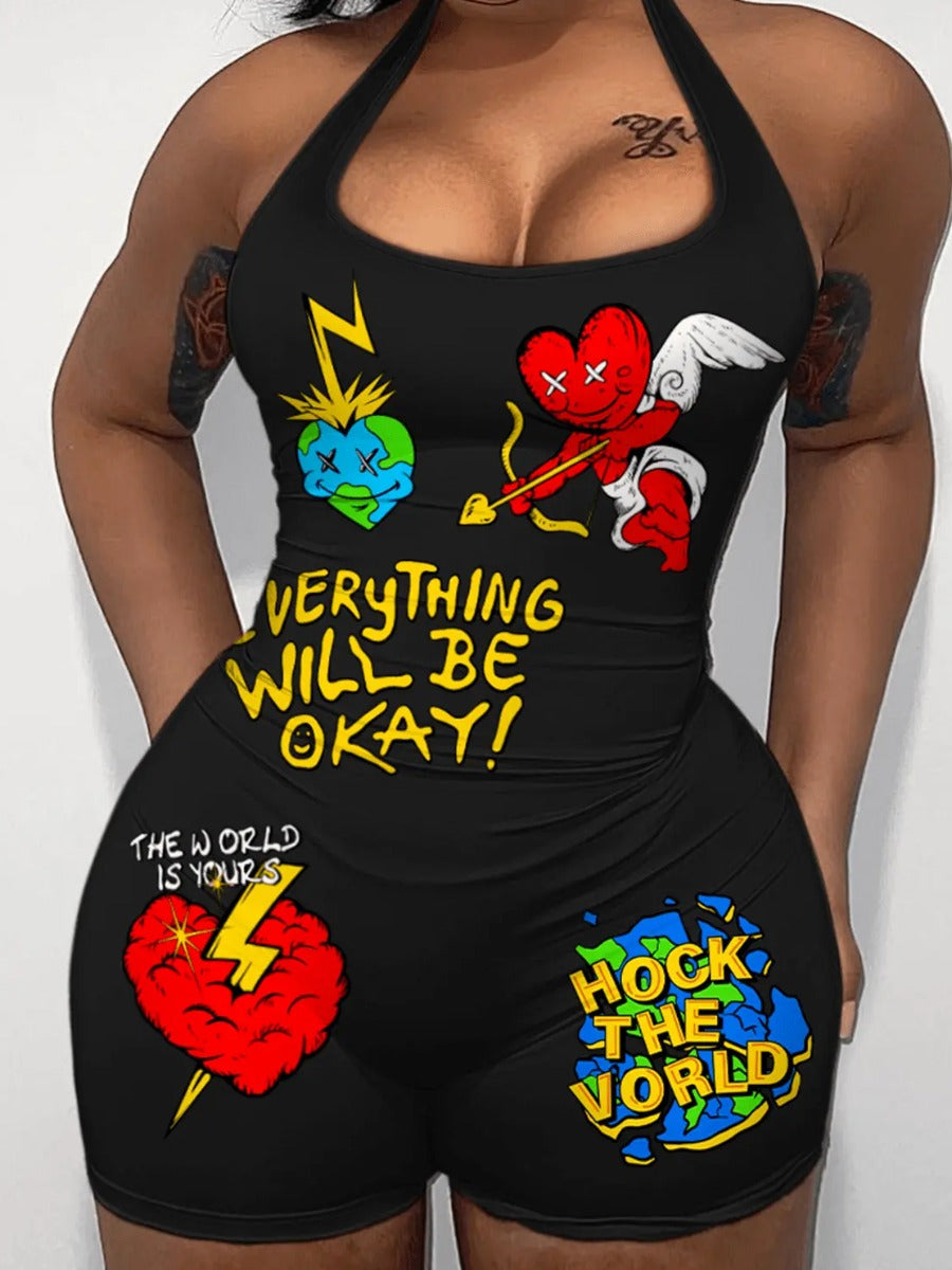 Cartoon Letter Print Cami Romper Ar502