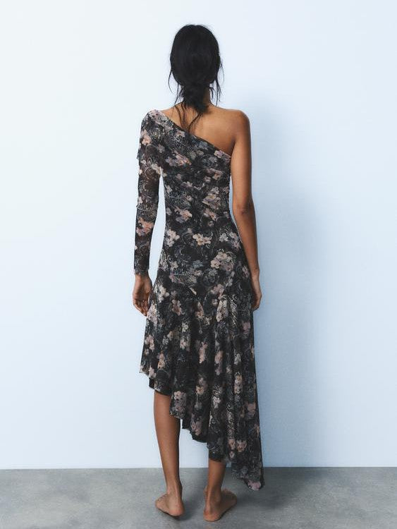 Print One Shoulder Asymmetric Midi Dress