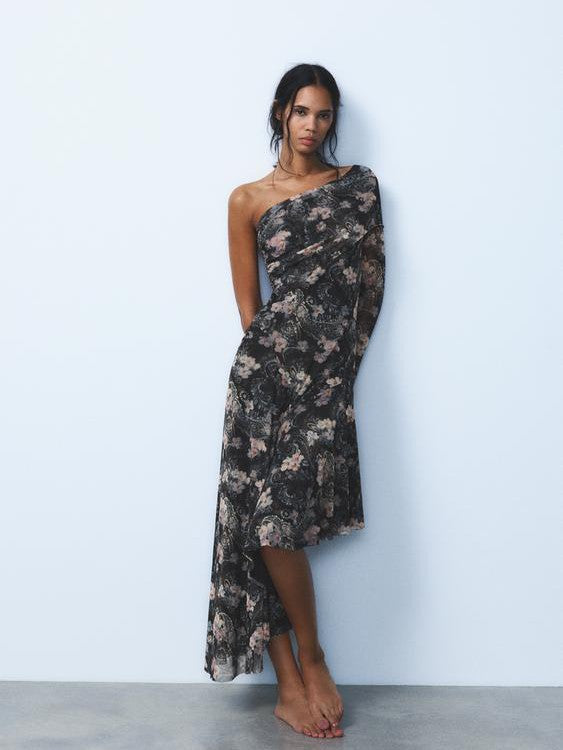 Print One Shoulder Asymmetric Midi Dress